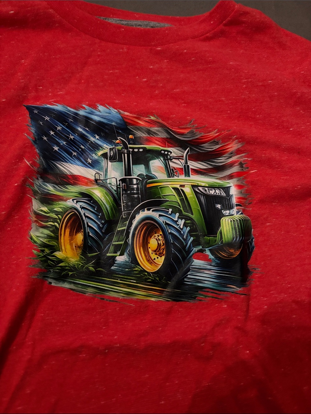 Red Tee with Green Tractor & American Flag Graphic